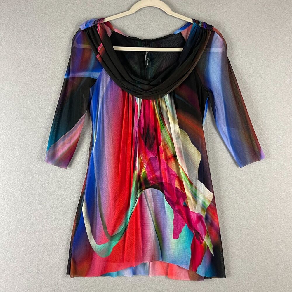 Elana Kattan Tunic Top Womens Small Sheer Cowl Neck 3/4 Sleeve Colorful Artsy